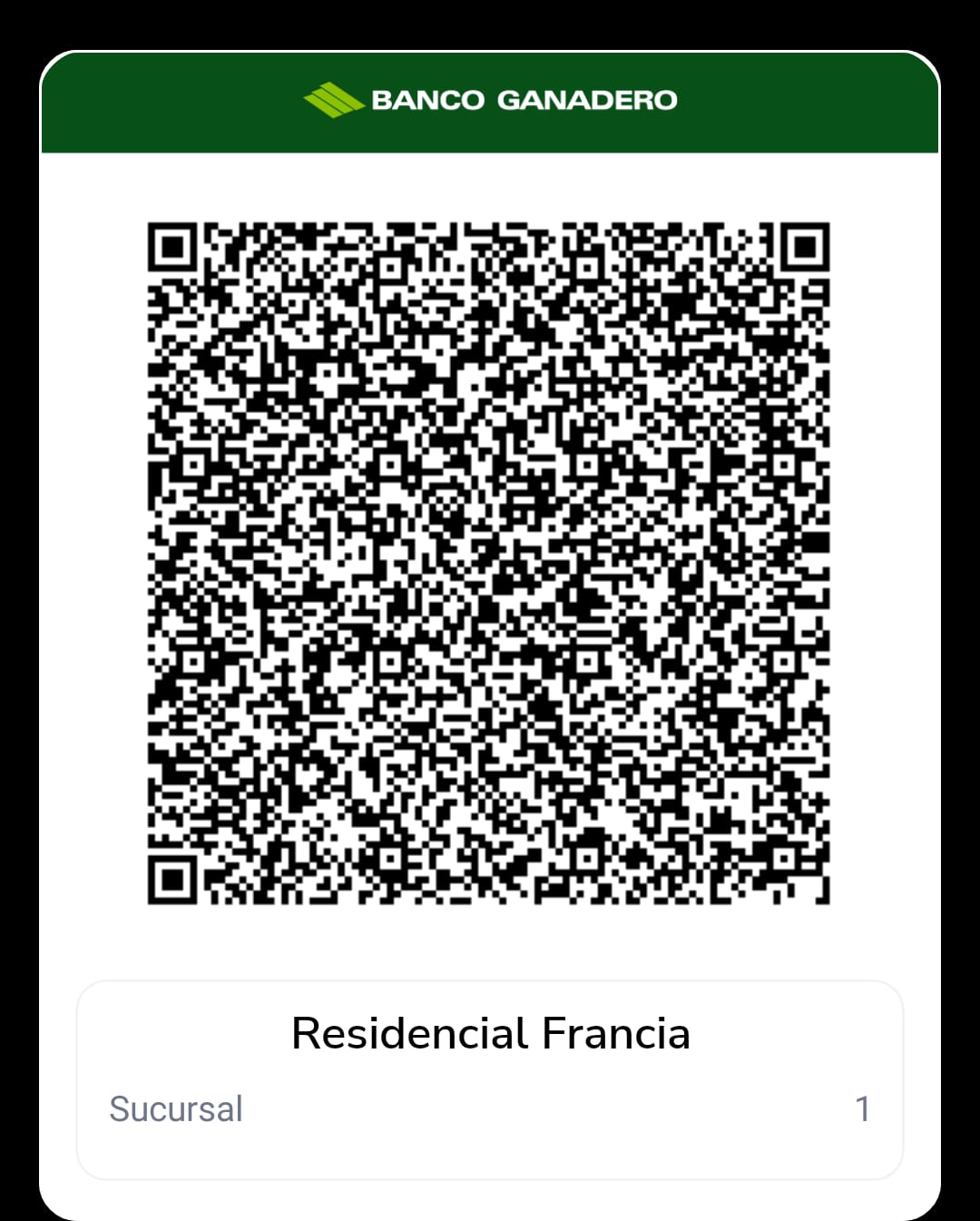 QR oficial de pago Residencial Francia - Banco Ganadero